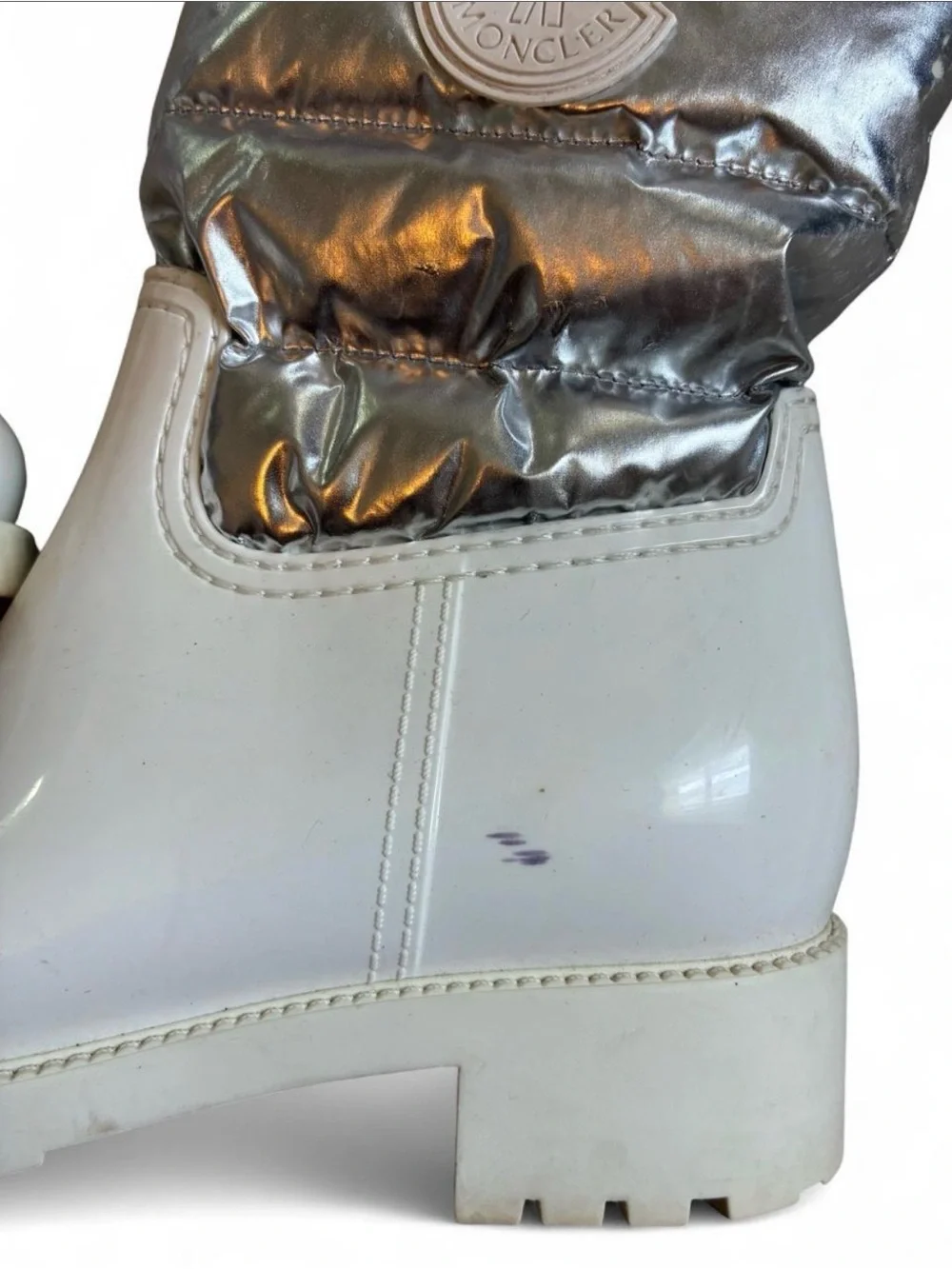 Moncler Gisele Rain Boot White & Metallic Size 37